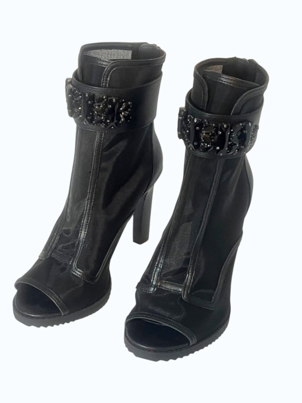 Karl Lagerfeld Paris Blayze Crystal Mesh Peep Toe Booties Black 9.5M NWOB